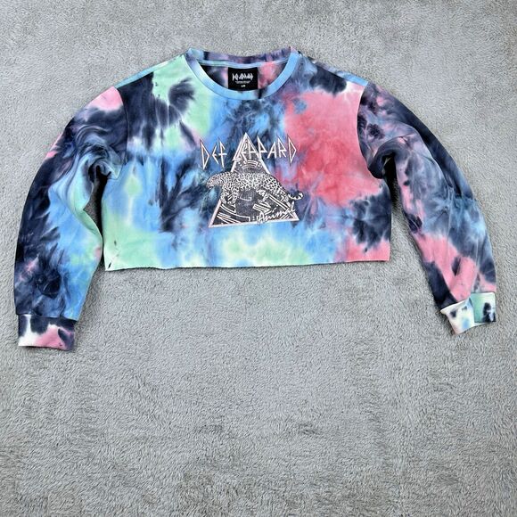 Def Leppard Tie-Dye Crop Sweatshirt Retro Rock Band Pullover Y2K Streetwear Sz L - Picture 9 of 10